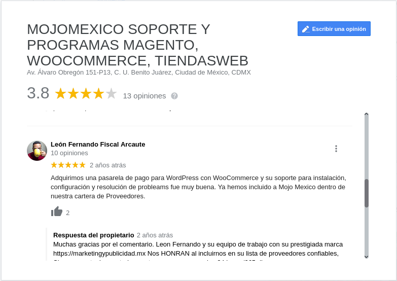 Clientes Mojomexico calificacion 5